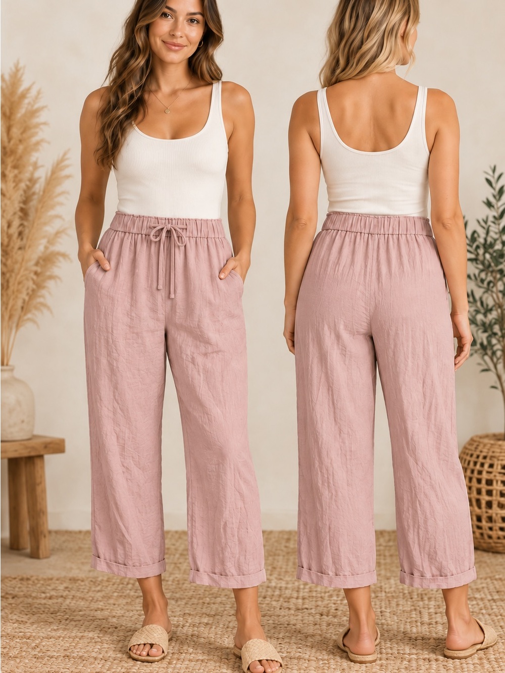 HALARA Cropped Drawstring Wide-Leg Pants in Dusty Pink